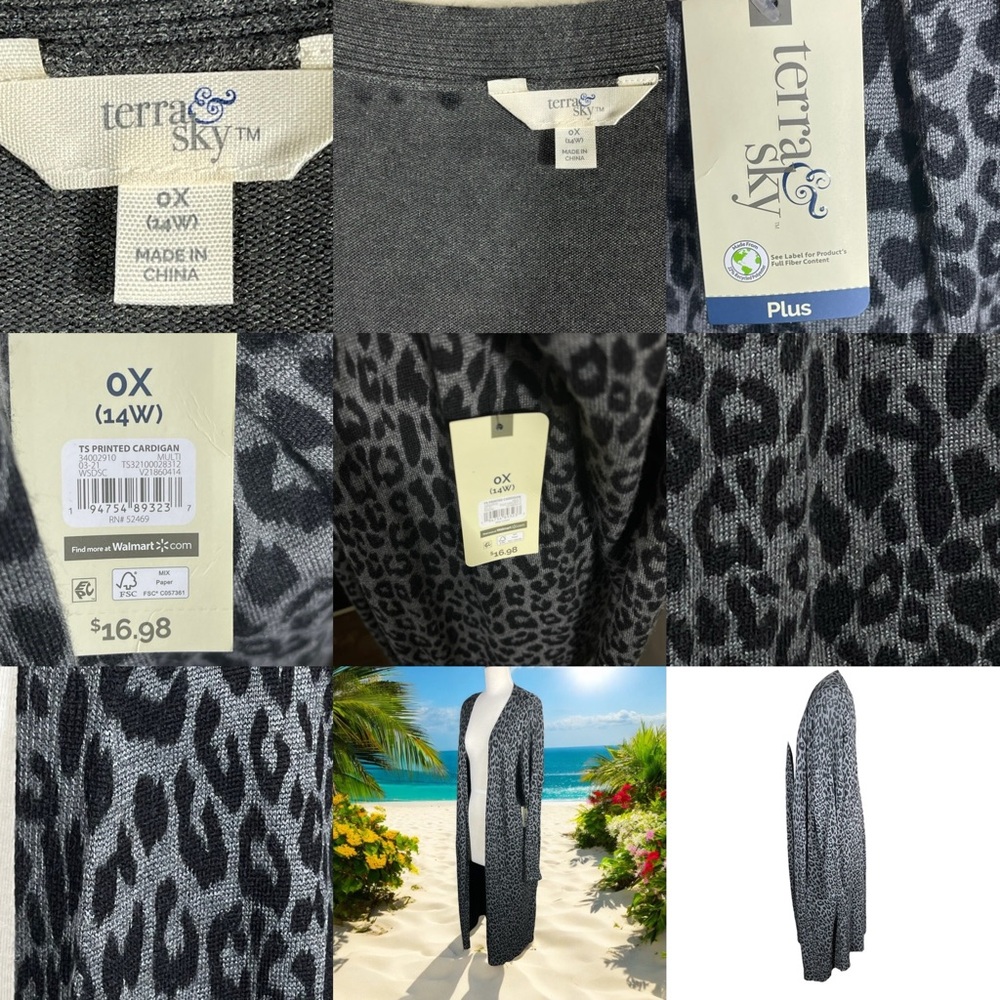 Terra & Sky Plus Leopard Print Open Front Cardigan Long Duster Sweater Size 14W - Picture 15 of 16